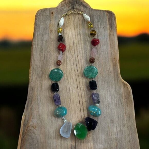 Handmade New 22” Bohemian Genuine Stone Necklace Jade,Carnelian,Quartz amethyst - Picture 1 of 5